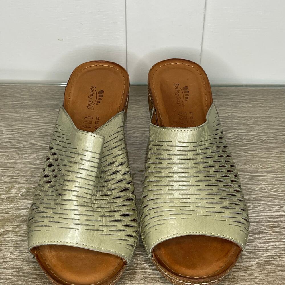 Spring Step Wedge Sandal Cunacena Moss Green Leather Lattice‎ Comfy Slip on - Picture 3 of 11